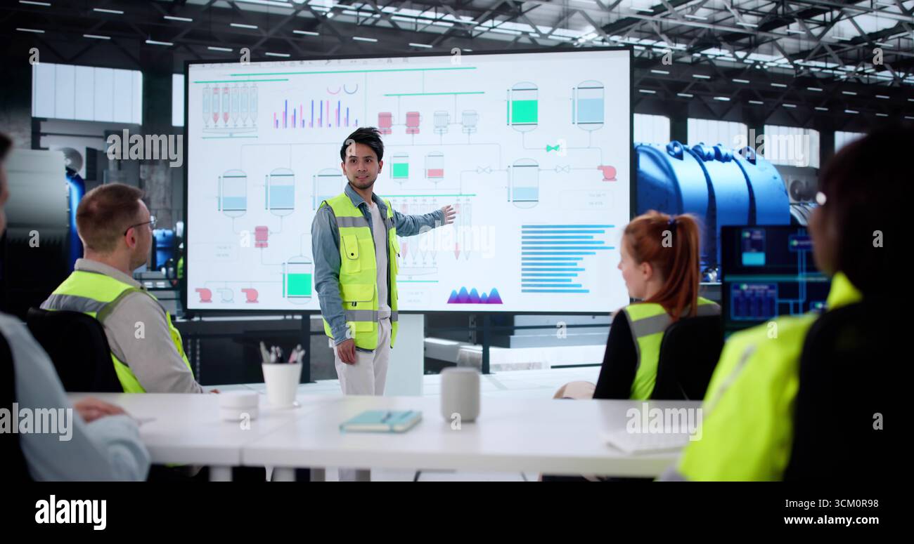 Engineer Leading Diverse Team In Presentation For Training Session In AI Technology. Stock Photo