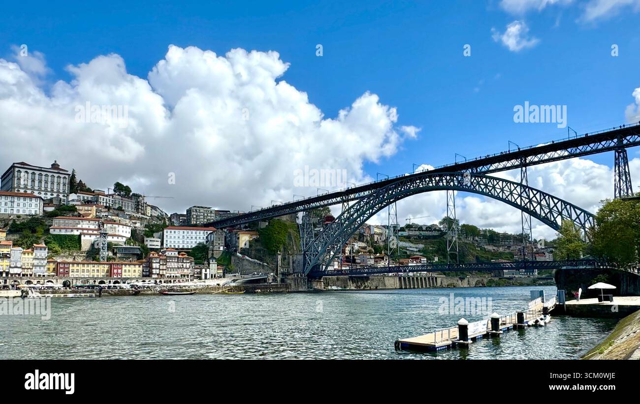 Dom Luís I Bridge crossing Douro River Porto Portugal - Smartphone Captured Stock Image