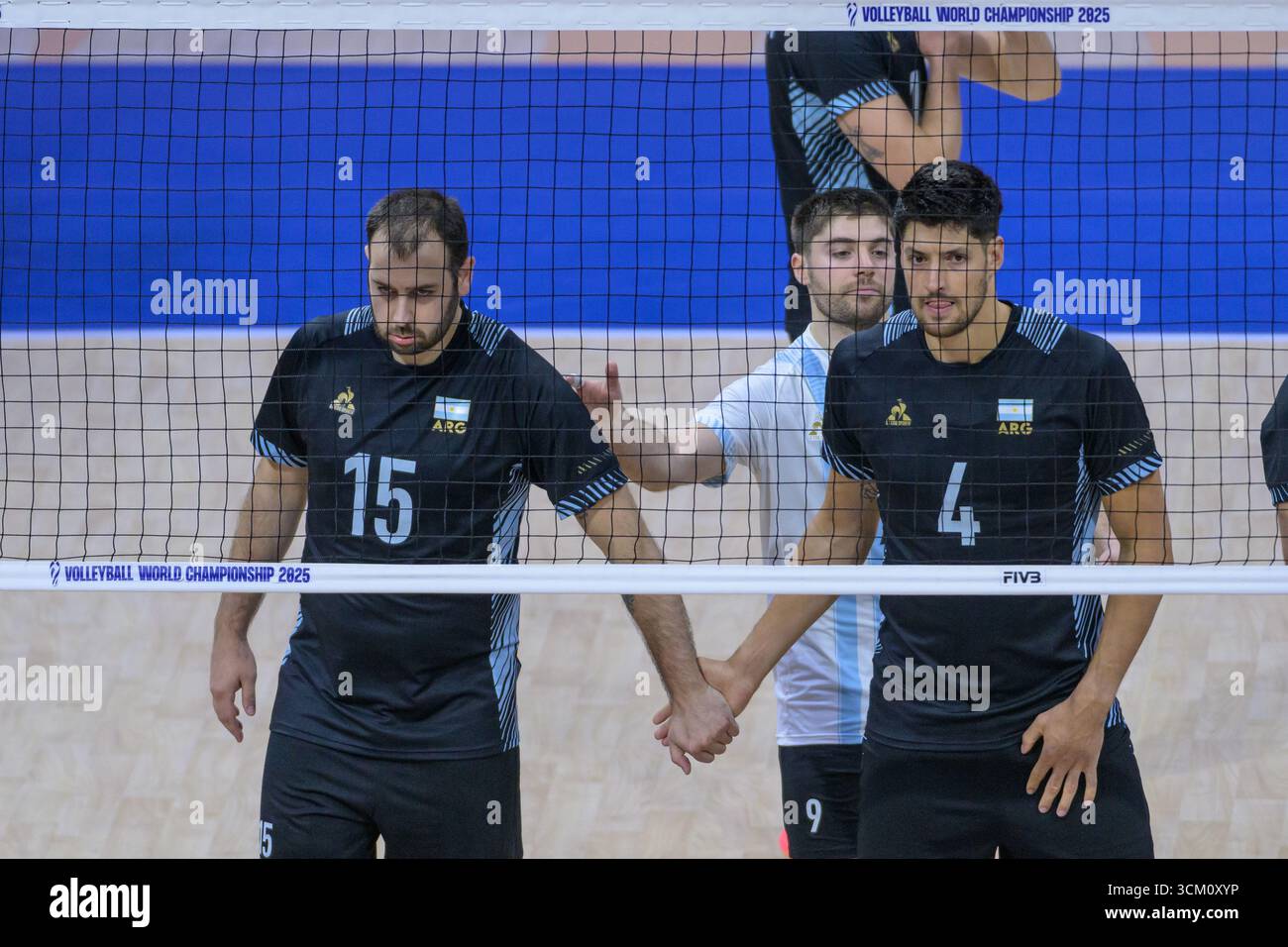 Quezon City, Manila, Philippines. 14th Sep, 2025. Finland vs Argentina in the Pool Phase during the FIVB Mens Volleyball World Championship 2025 in Manila, Philippines. Argentina win in a 5 set match. ArgentinaÃs Luciano DE CECCO (L) and Joaquin GALLEGO at the net (Credit Image: © Jayne Russell/ZUMA Press Wire) EDITORIAL USAGE ONLY! Not for Commercial USAGE! Stock Photo