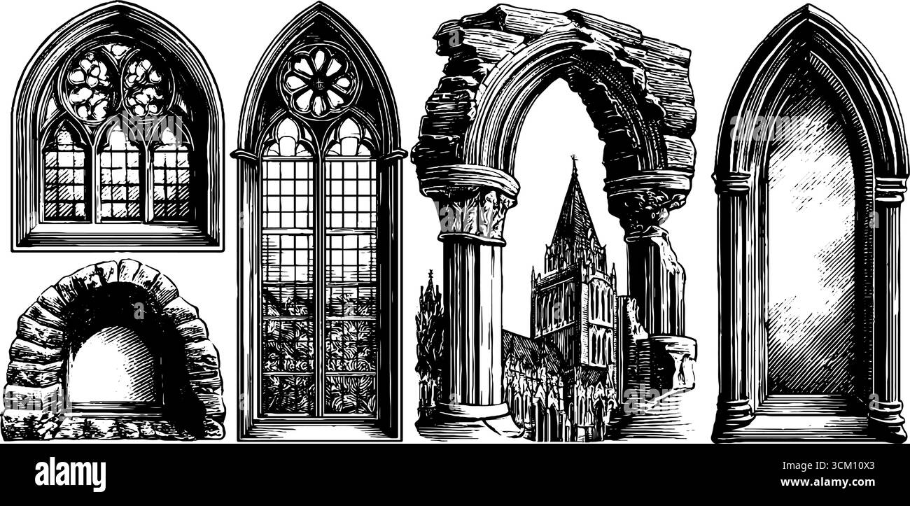 Gothic architecture elements with pointed arches and rose windows for ...