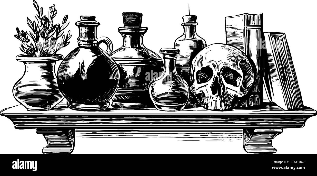 Vintage witch's shelf with potion bottles, skull, and herbs for ...
