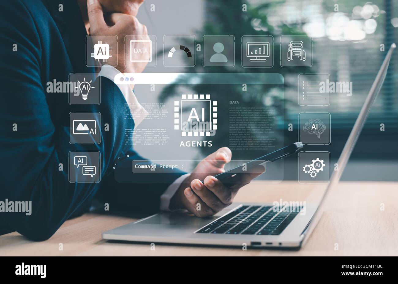 Businessman using laptop and smartphone with AI agents holographic interface. Artificial intelligence for automation, chatbots, data analytics and dig Stock Photo