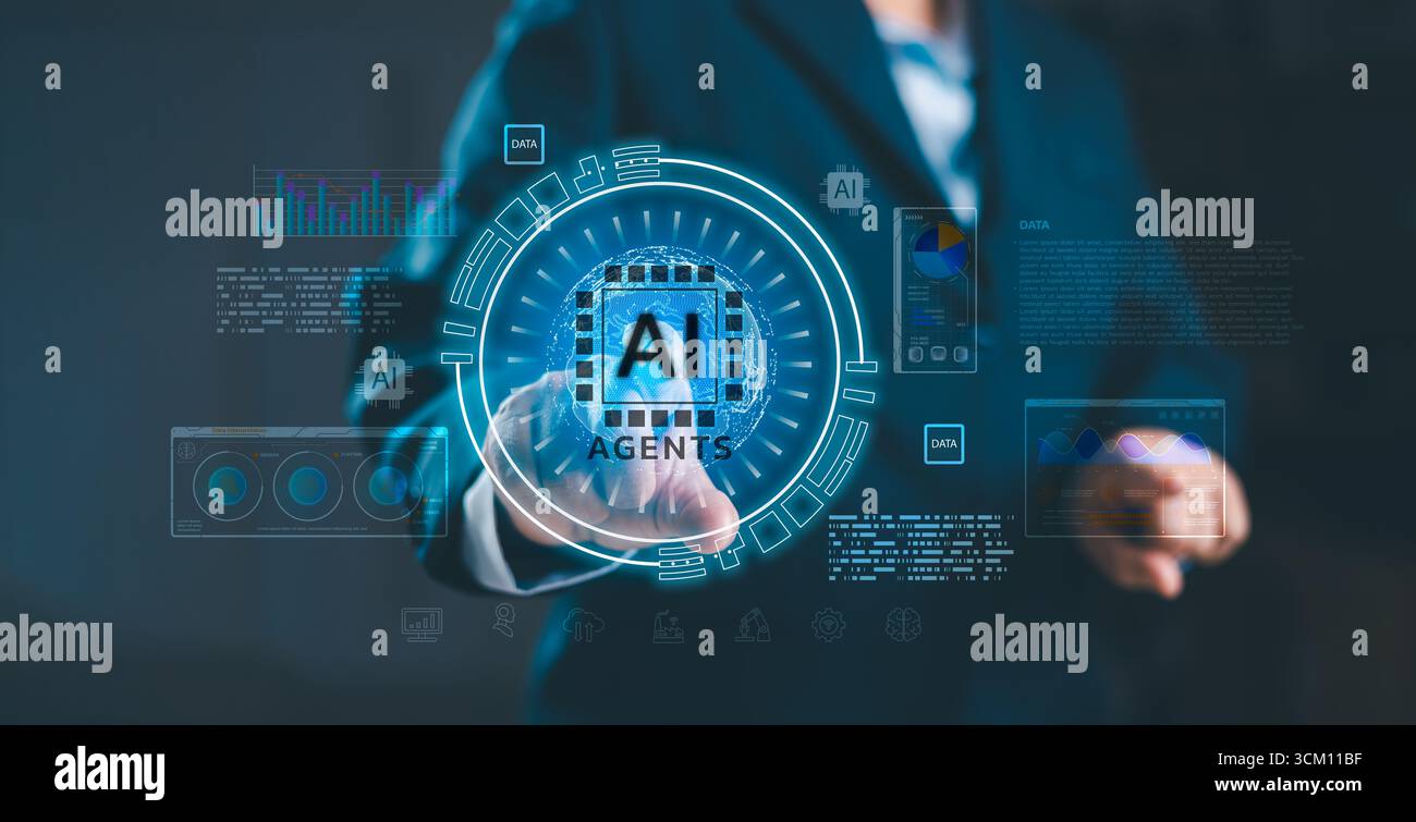 Businessman using AI agents with futuristic data interface. Artificial intelligence technology for analytics, automation, digital transformation and i Stock Photo