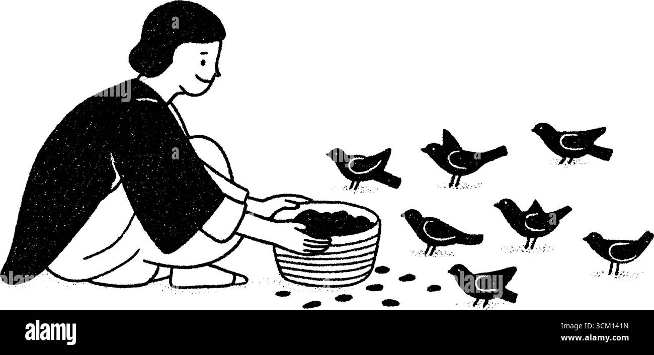 Grandfather feeding birds in yard - hand drawn sketch for nostalgic scenes. Stock Vector