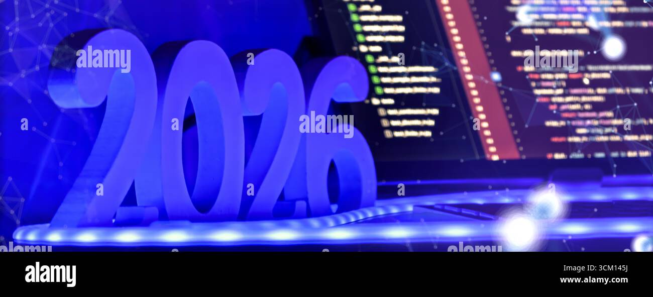Glowing 2026 in front of computer screen with code and abstract digital network overlay, representing the future of software development. Stock Photo