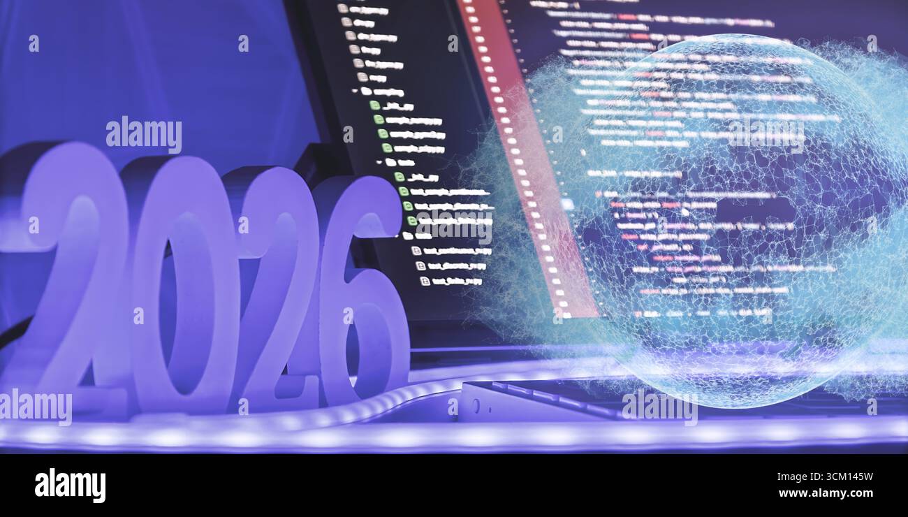 Futuristic scene featuring 2026 text, code on screen, and a glowing digital globe, symbolizing global technology and programming evolution. Stock Photo