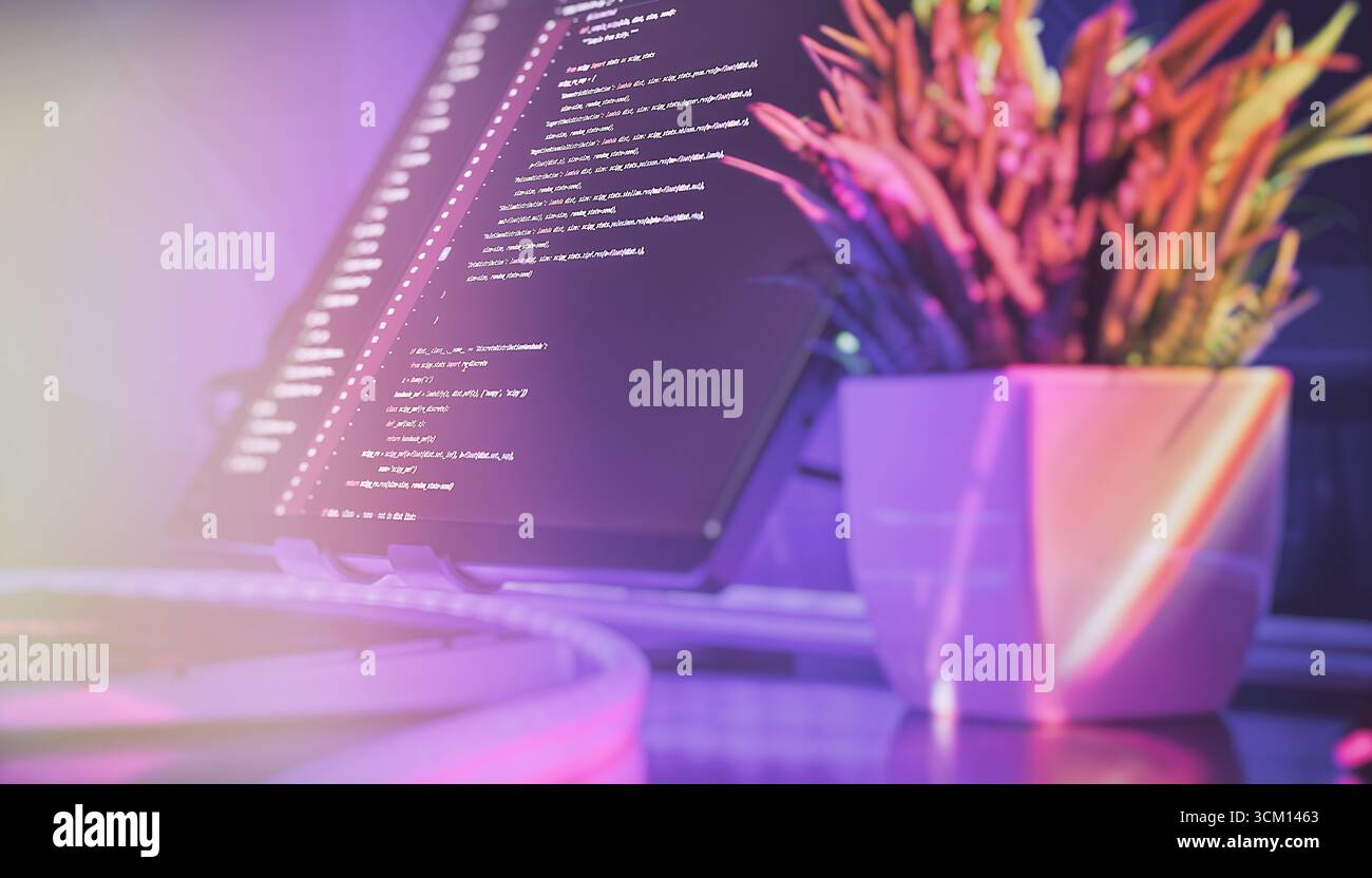 Colorful and stylish workspace featuring a screen with code and a decorative plant, symbolizing modern tech, creativity, and programming. Stock Photo