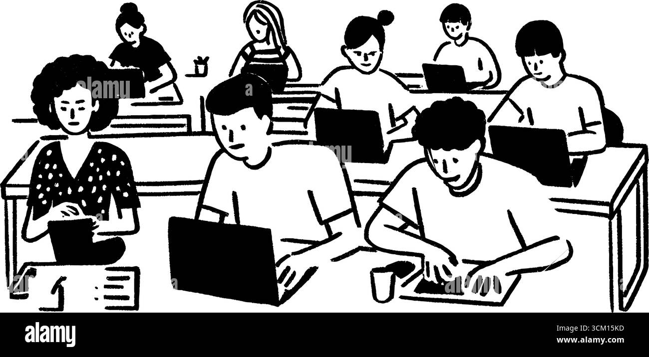 Creative sketch of a computer lab environment with students engaged in ...