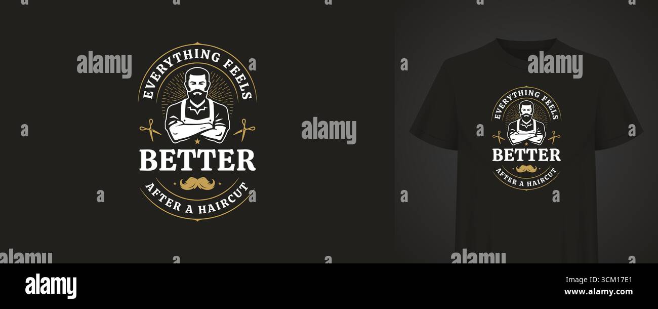 Vintage-style barber shop logo featuring a mustache, scissors, and a  confident man. The design includes a motivational quote and is printed on a  black Stock Vector Image \u0026 Art - Alamy, image size:1300x610