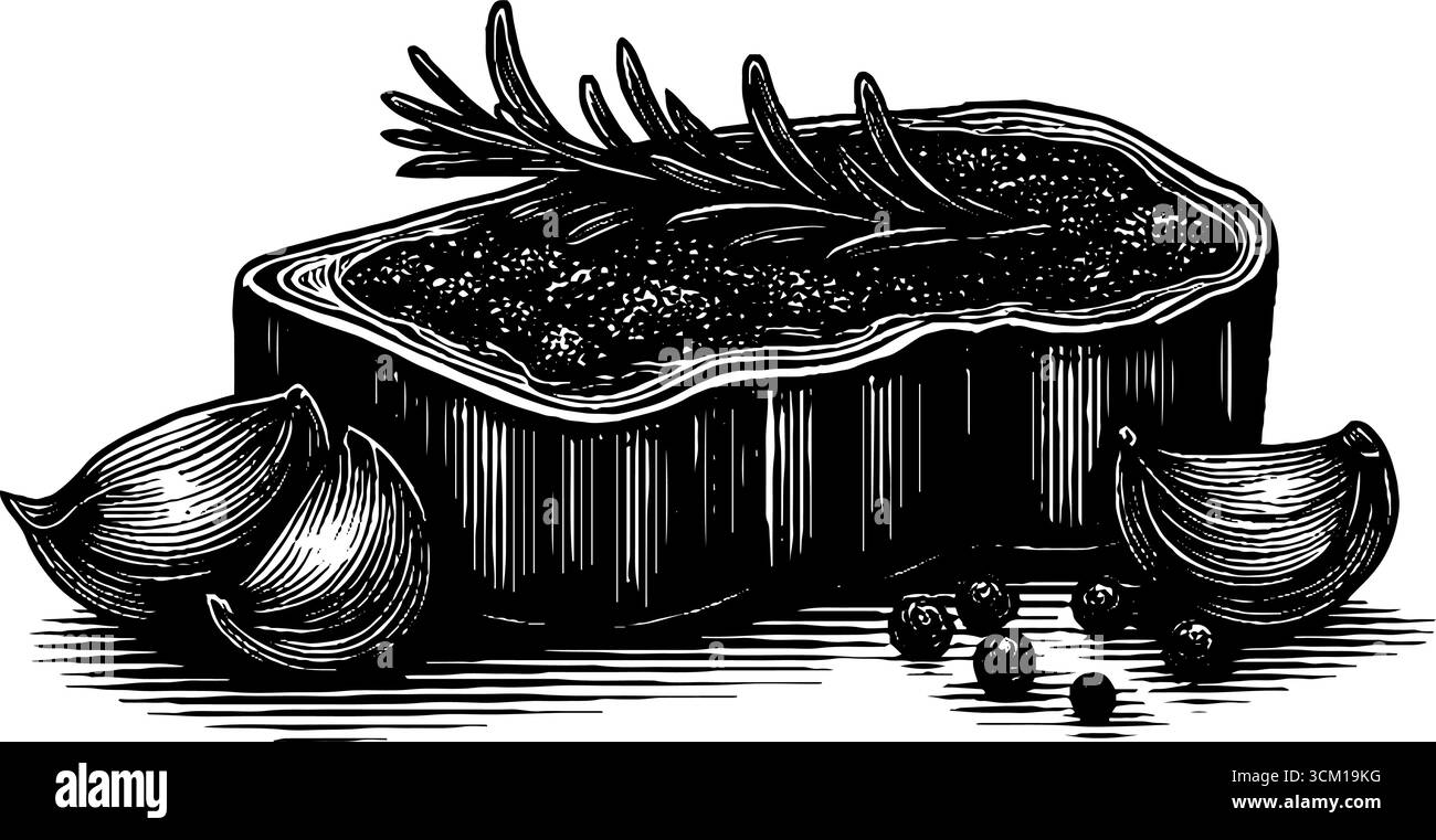 Engraved illustration of grilled steak with rosemary and garlic garnish ...