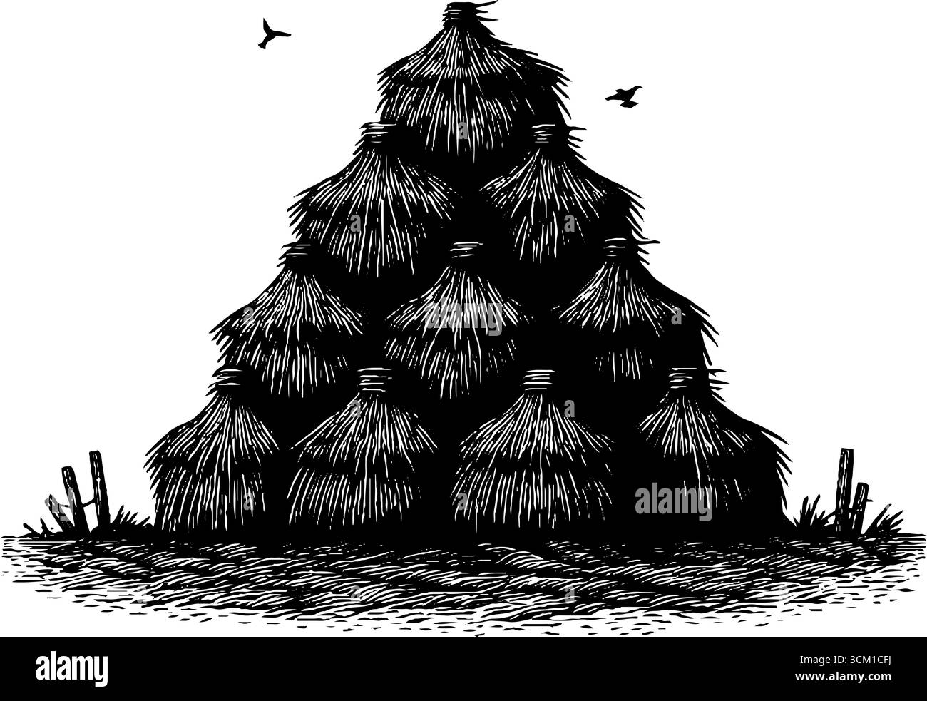 Vintage engraved illustration of haystack in field with birds - retro silhouette for rustic design. Stock Vector