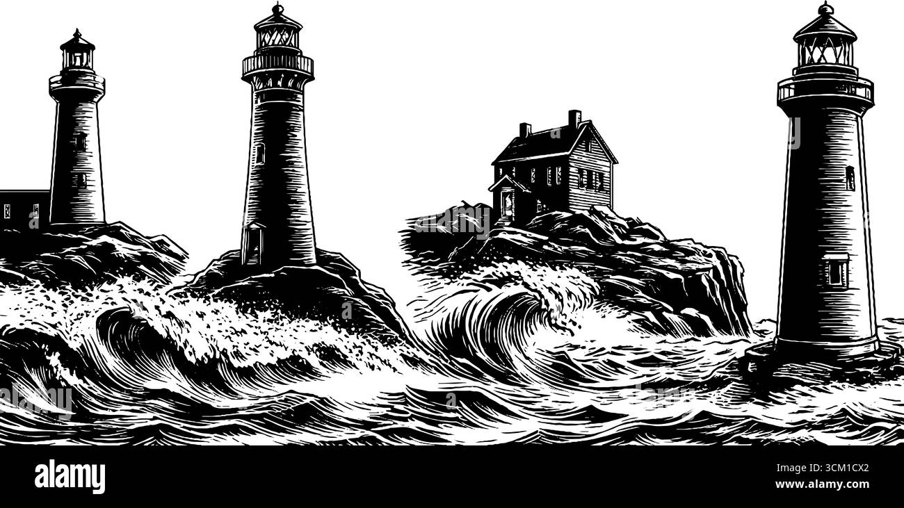 Coastal lighthouses and cliffs with ocean waves in vintage hand-drawn ...