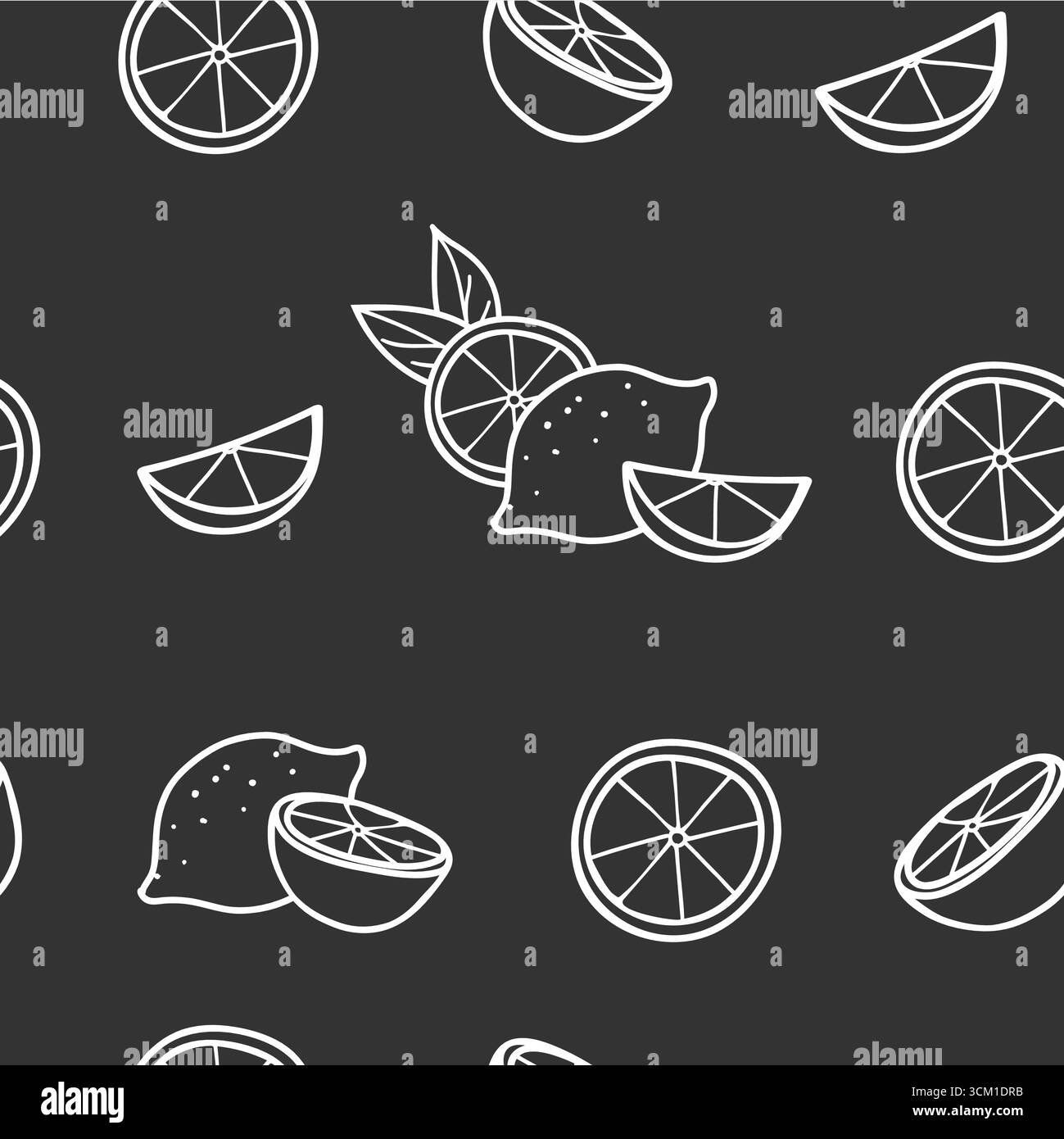 Lemon seamless graphic pattern, white line drawing on a black ...
