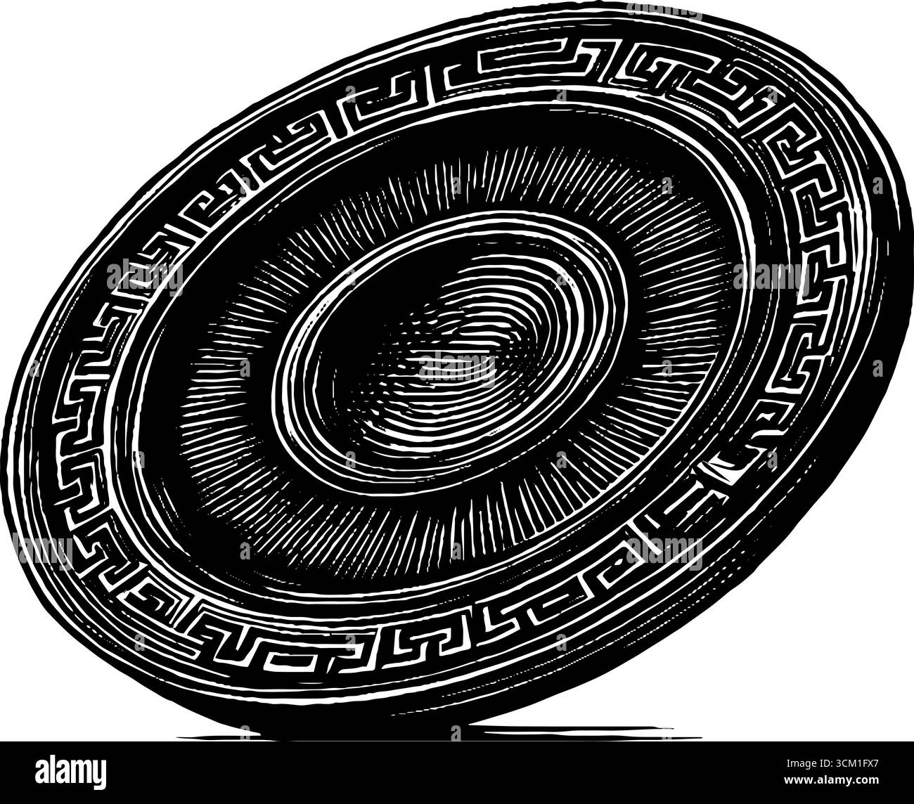 Engraved illustration of an ancient coin in bold black ink for ...