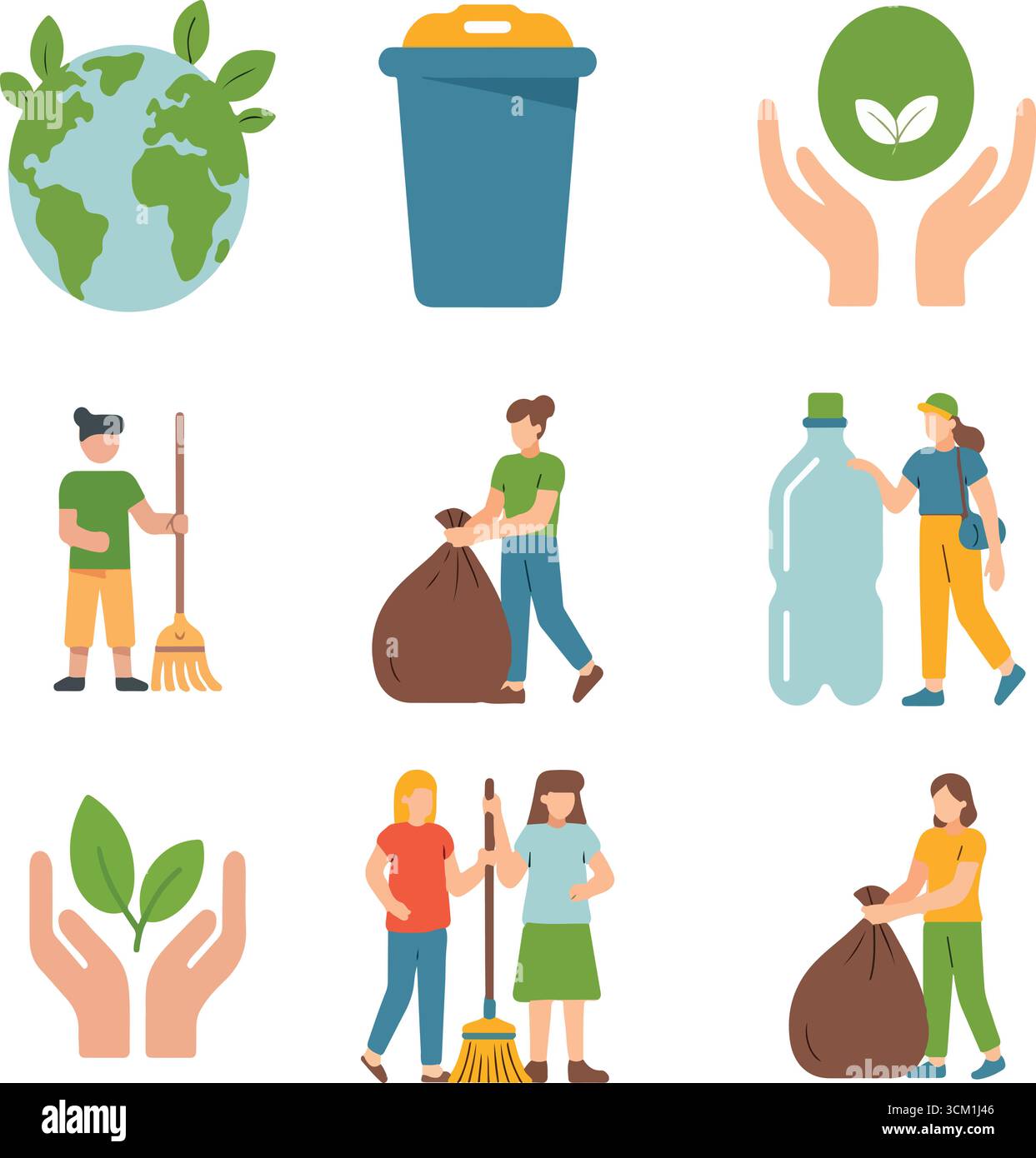 World Cleanup Day icon set with flat-style people cleaning trash ...