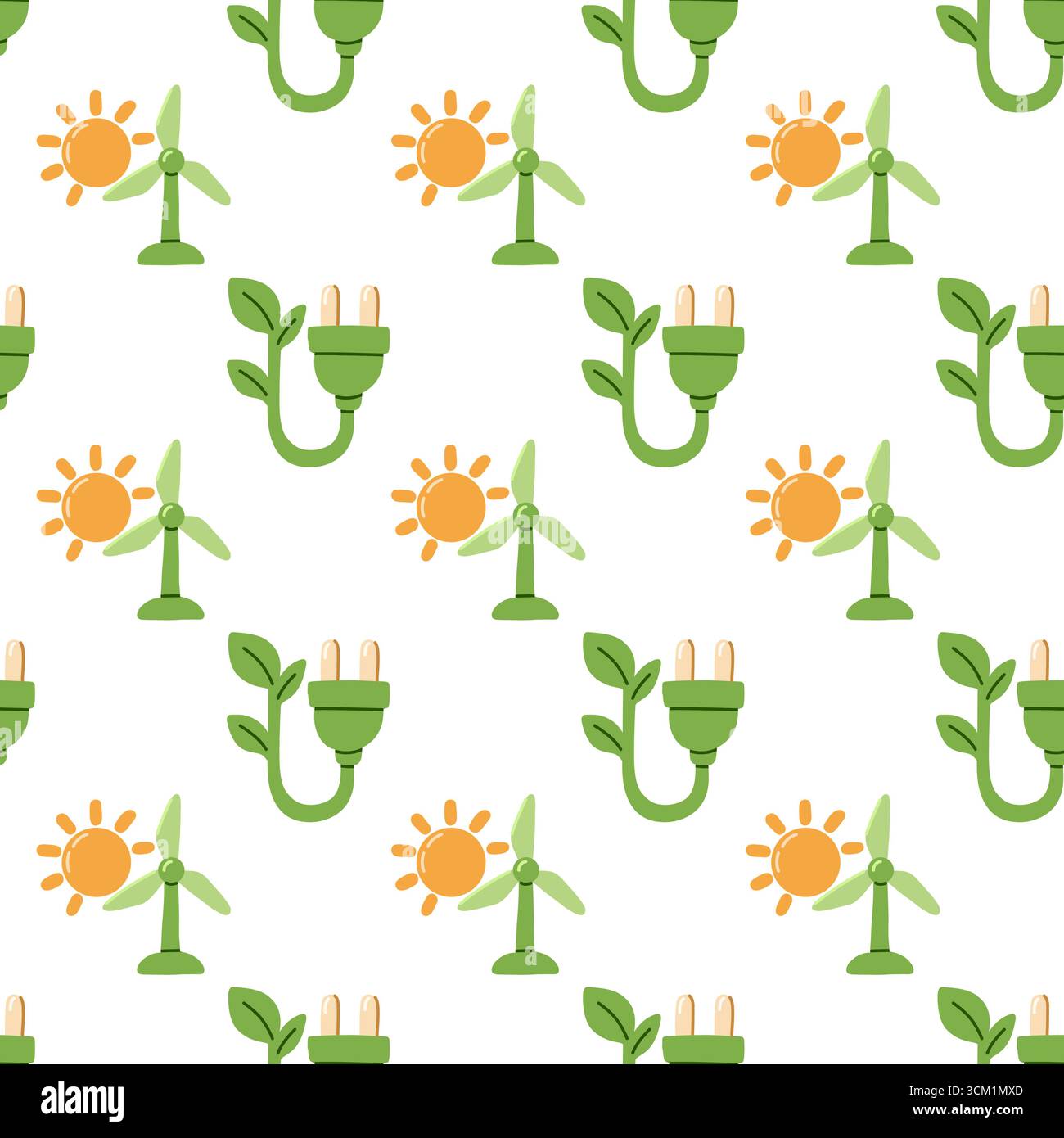 Seamless eco pattern with solar energy, wind turbine and green electric ...