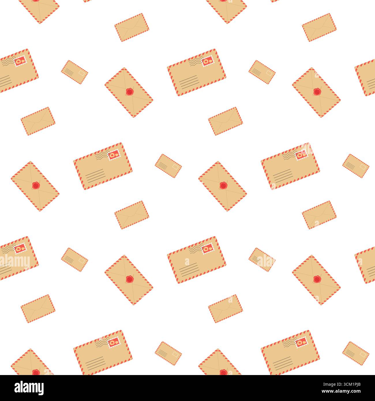 Patterns of envelopes scattered on a white background create a visually ...