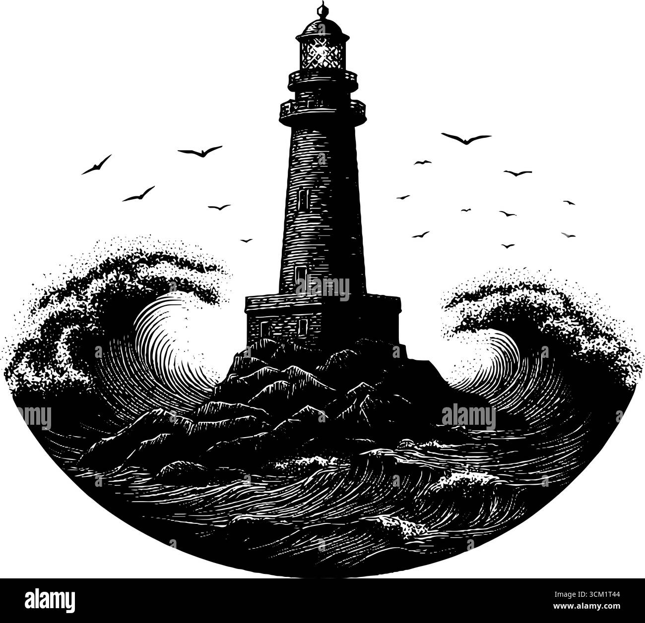 Vintage engraving of lighthouse on rocky shore with ocean waves and ...