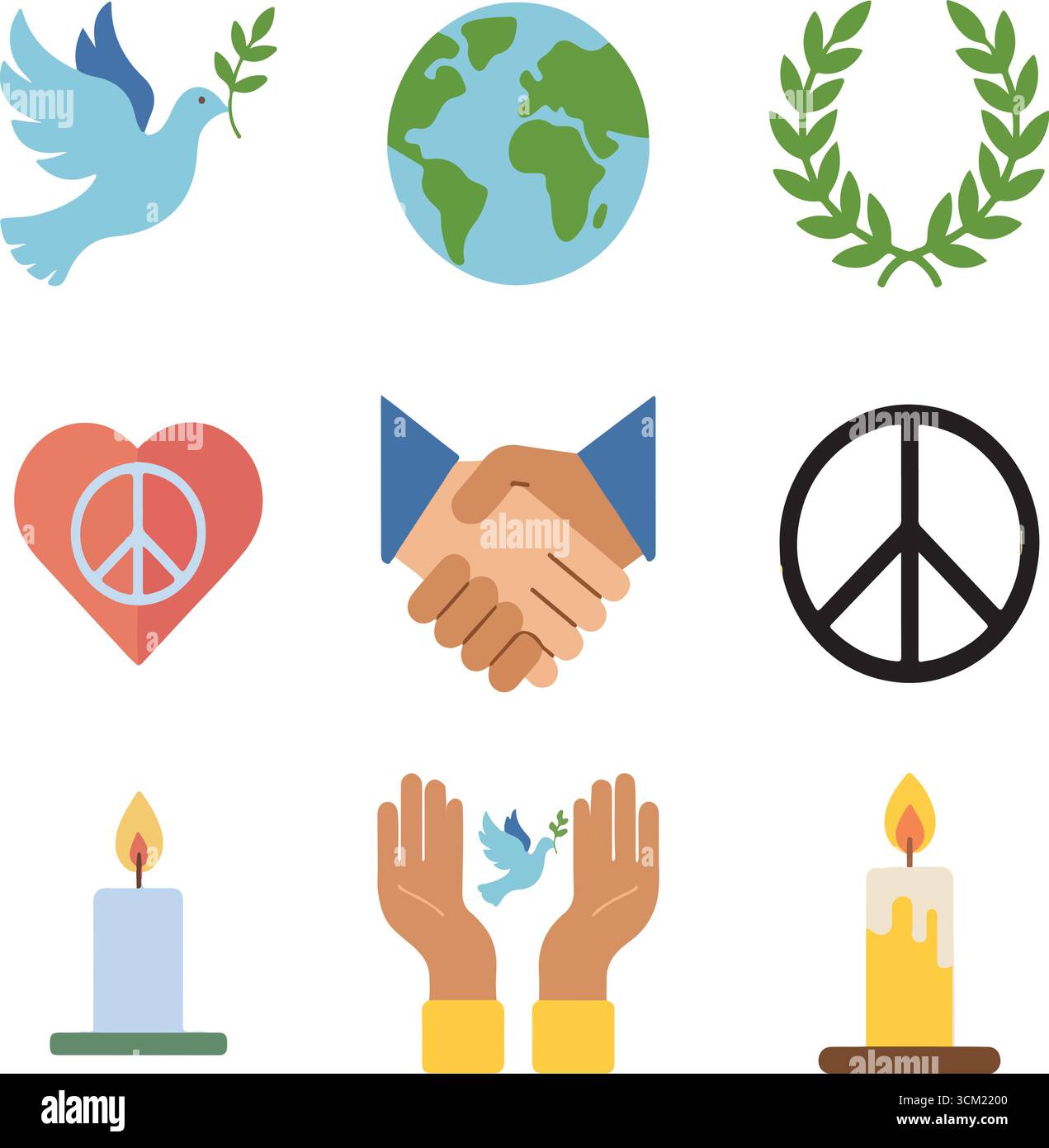International Day of Peace icon set with flat-style dove, globe, olive ...
