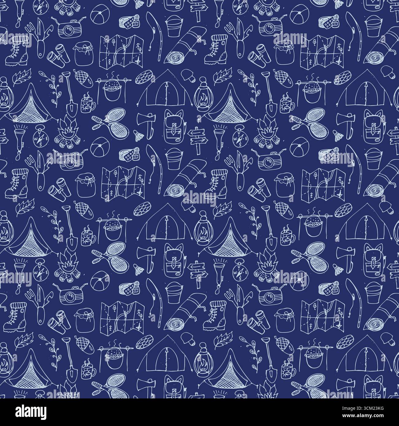 Camping equipment doodle pattern seamless vector illustration Stock Vector