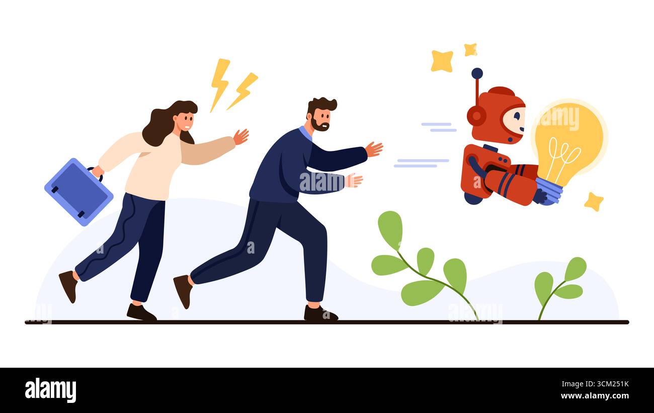 Businessman and businesswoman running after robot holding lightbulb symbolizing AI risks, copyright issues, and ethical concerns in technology innovation vector illustration Stock Vector