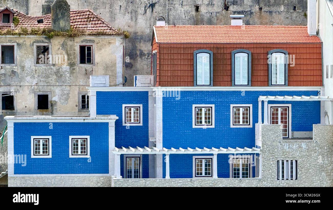 Home renovated with façade of blue Azulejos tiles in the historical centre of Sintra Portugal - Smartphone Captured Stock Image