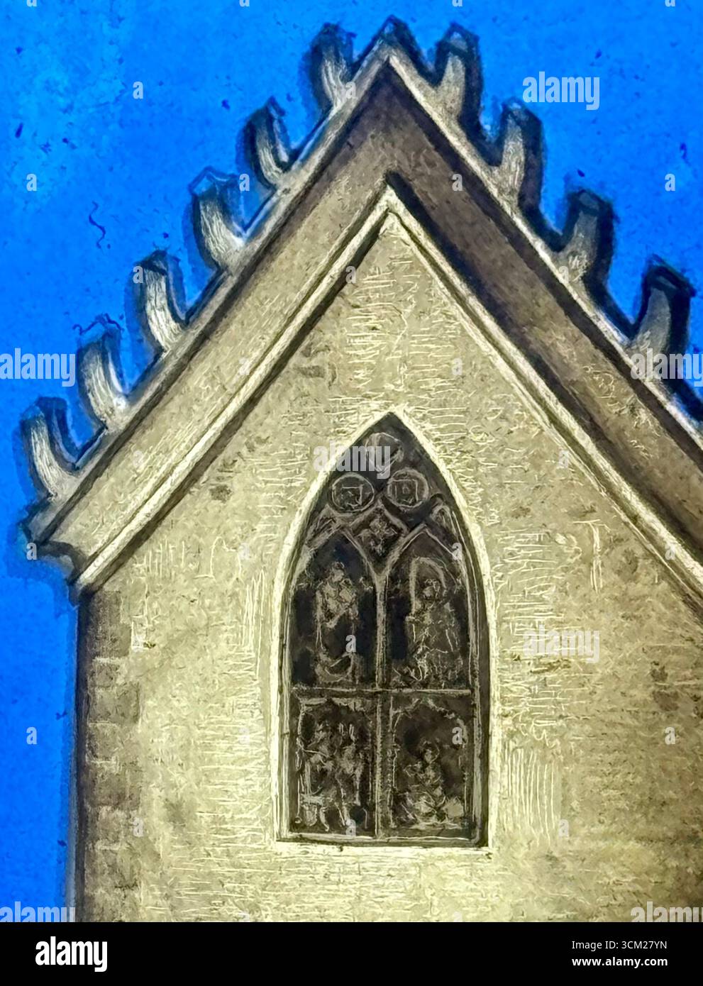 Close up of stained glass panel in chapel of Pena Palace SINTRA PORTUGAL - Smartphone Captured Stock Image