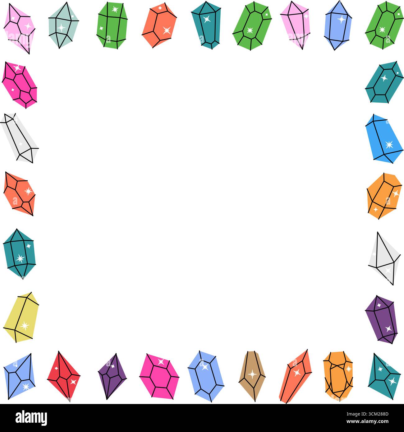 Colored crystals in square frame. Magic gem stones. Crystals of various geometric shapes and sizes Stock Vector