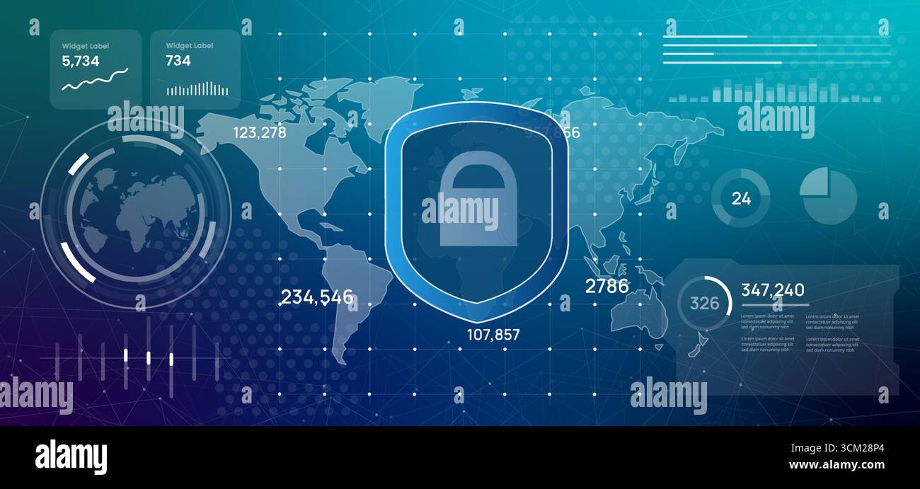 Futuristic digital dashboard displaying a world map with a central security shield icon illustration visualizing global cybersecurity data protection Stock Vector