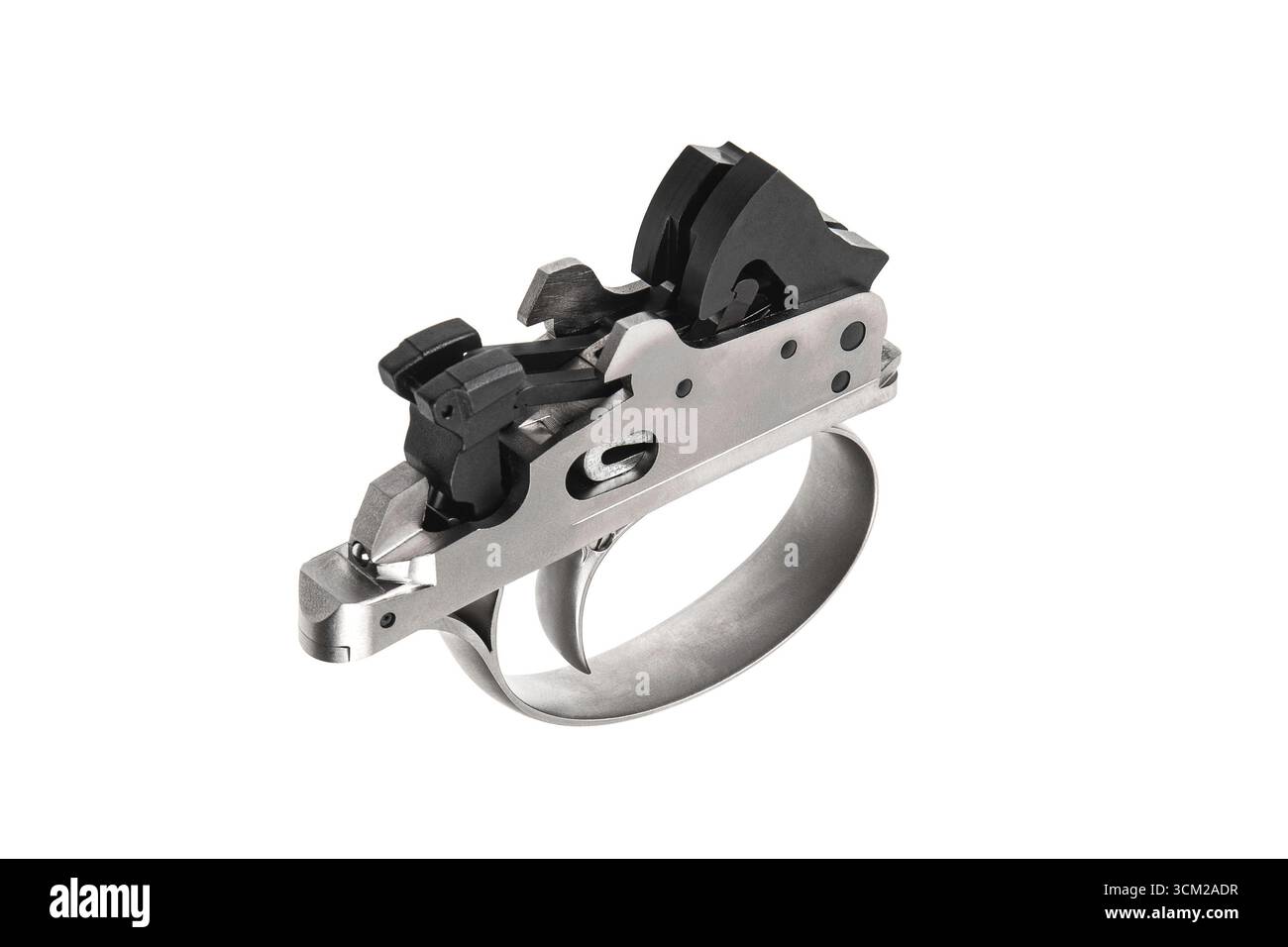 Trigger Mechanism Basic A detailed, metallic-silver firearm trigger mechanism on a white ...
