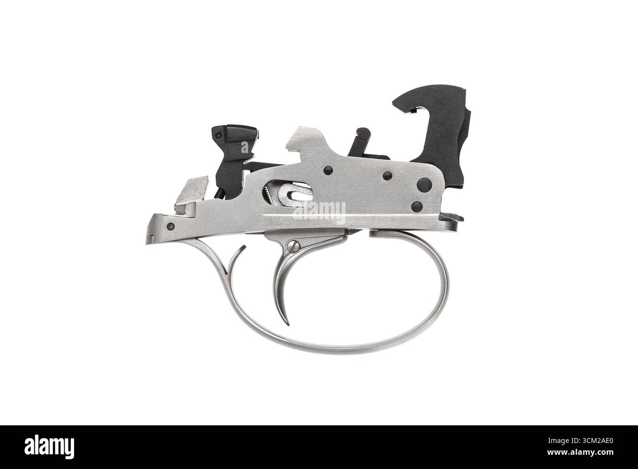 Trigger Mechanism Basic A detailed, metallic-silver firearm trigger mechanism on a white ...