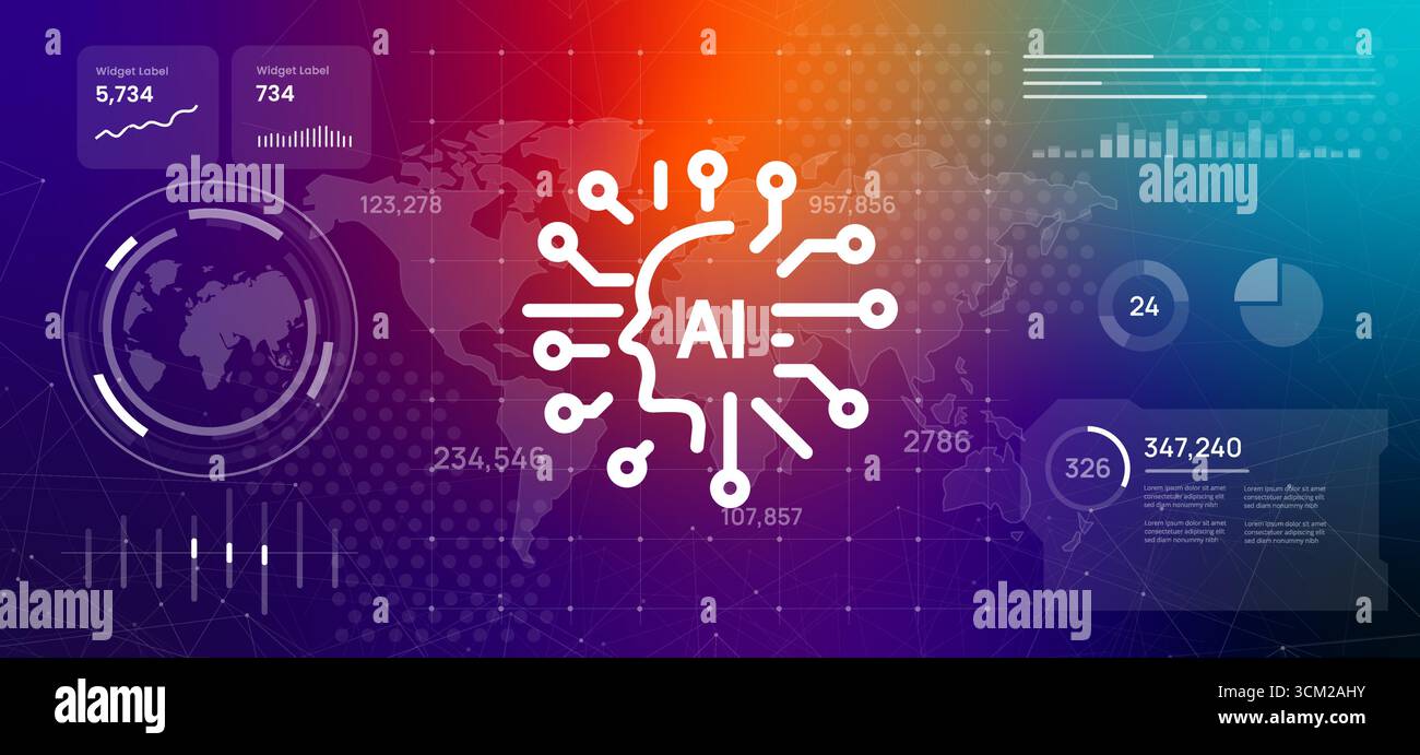 high-tech digital dashboard world map with AI icon featuring a circuit patterned head illustration symbolizes artificial intelligence machine learning Stock Vector