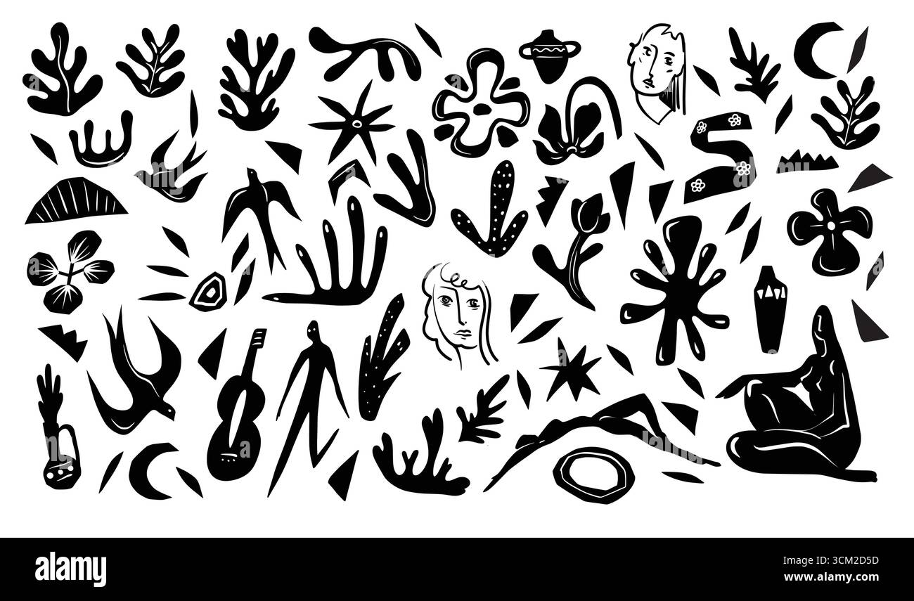Monochrome abstract elements with figures, birds and plants. Vector Stock Vector