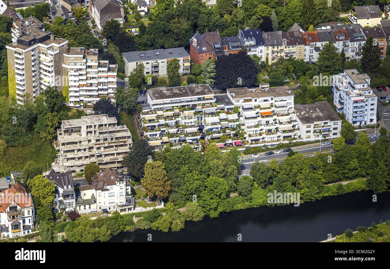 Aerial view, terraced house and ruined building, Kassenberg, Broich - Ost, Muelheim an der Ruhr, Ruhr area, North Rhine-Westphalia, Germany, ruined bu Stock Photo