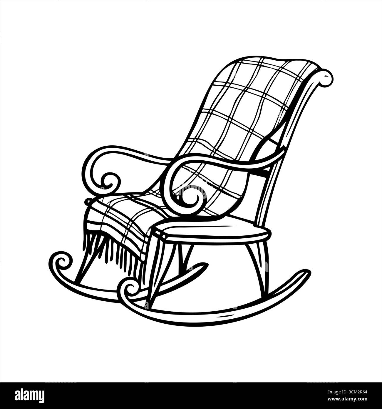 A wooden rocking chair with a plaid blanket draped over it. The chair ...