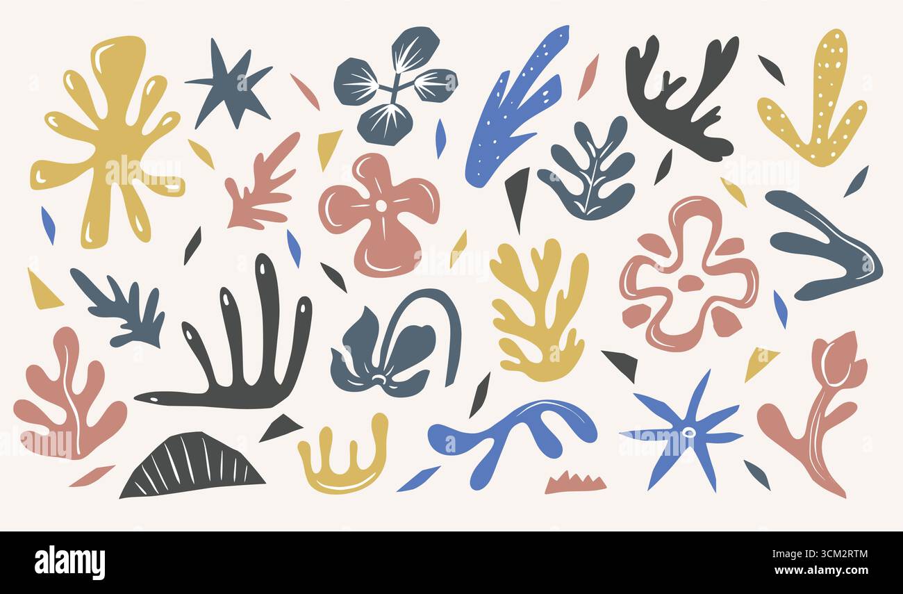 Colorful abstract elements with figures, birds and plants. Vector Stock Vector