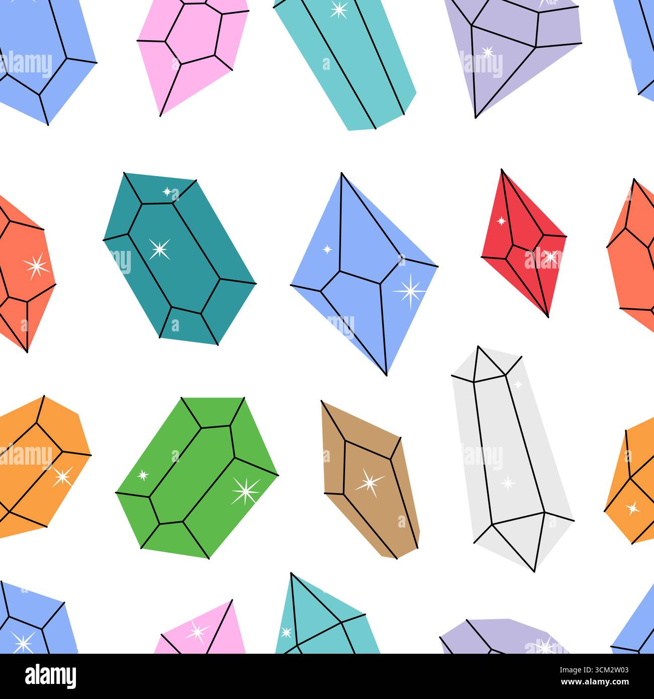 Crystals pattern. Gems of different shapes. Gemstones, amethyst, ruby, sapphire, emerald, topaz and quartz. Vector illustration Stock Vector