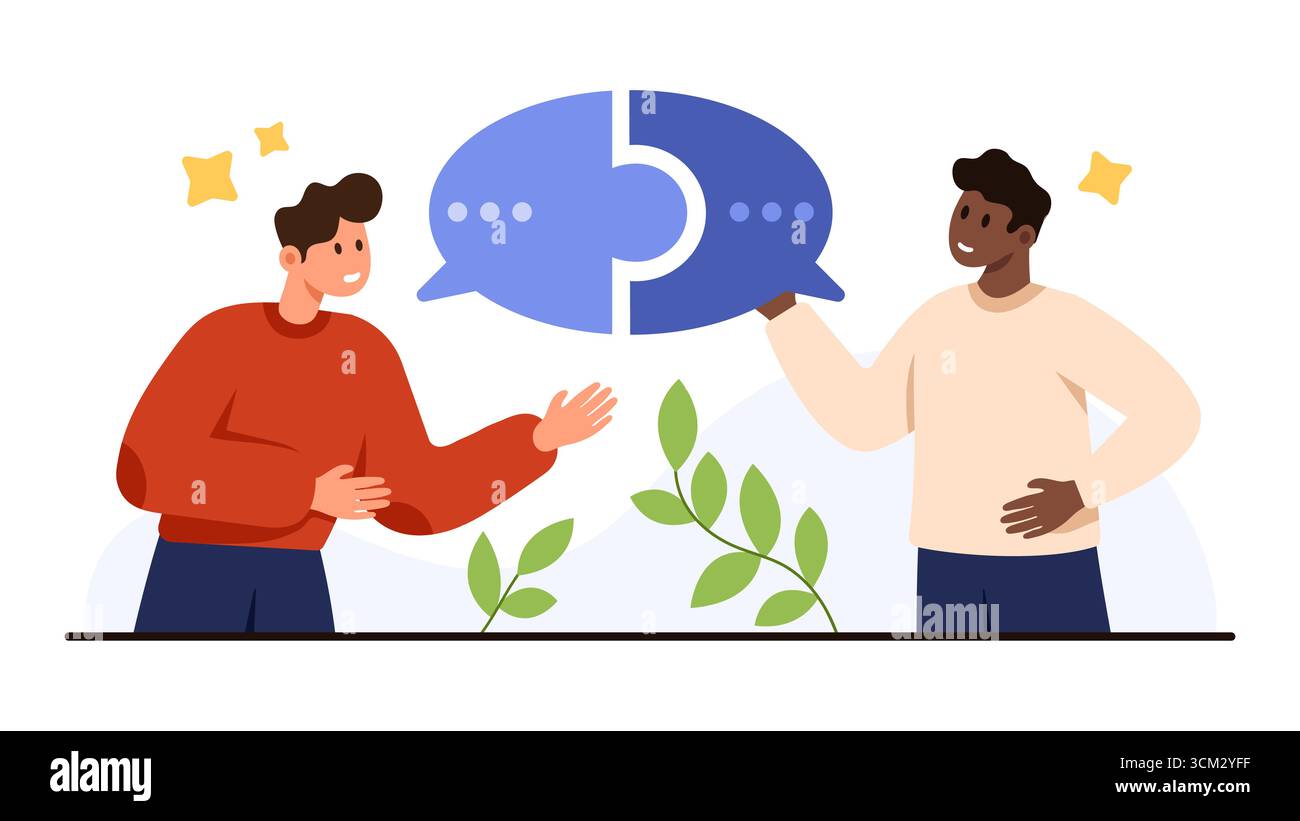 Two men discussing ideas with a puzzle-shaped speech bubble symbolizing teamwork, problem solving, and effective conversation isolated on white background vector illustration Stock Vector