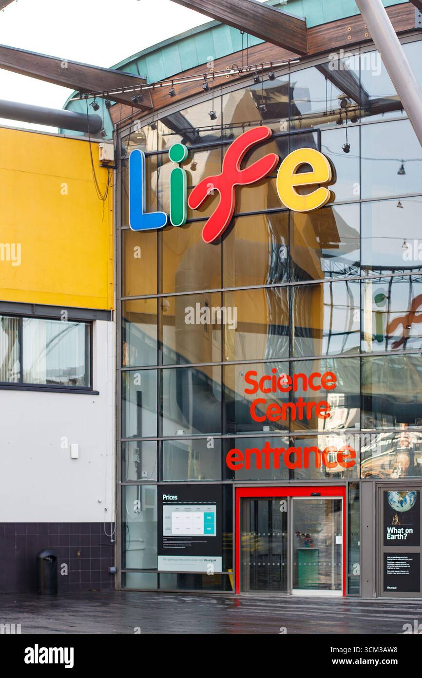 Exterior view of Life science centre entrance with colourful signage and glass facade newcastle upon tyne Stock Photo