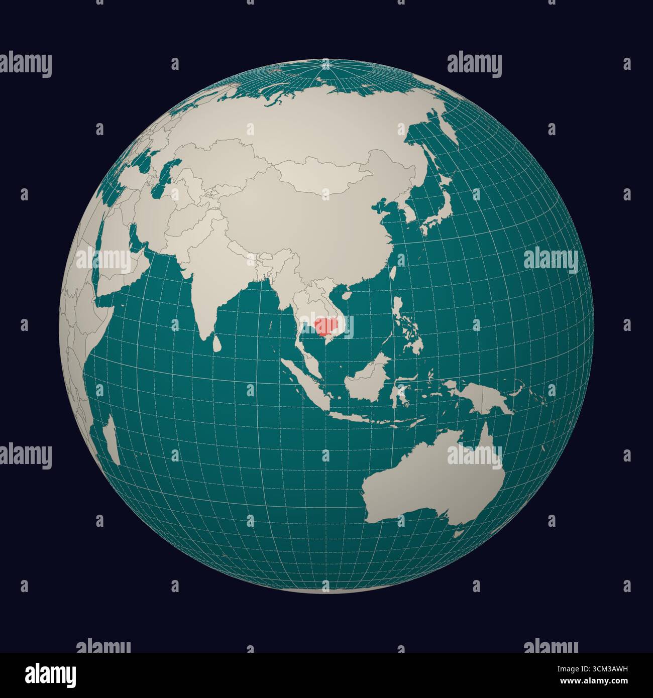 Cambodia on the map. Globe centered to Cambodia. Country location on ...