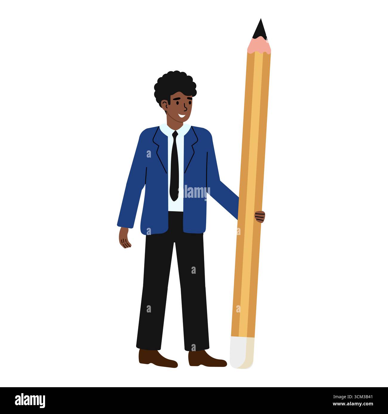 A young man dressed in a blue suit and tie stands confidently while holding a giant pencil. The setting suggests a fun and creative approach to learni Stock Vector