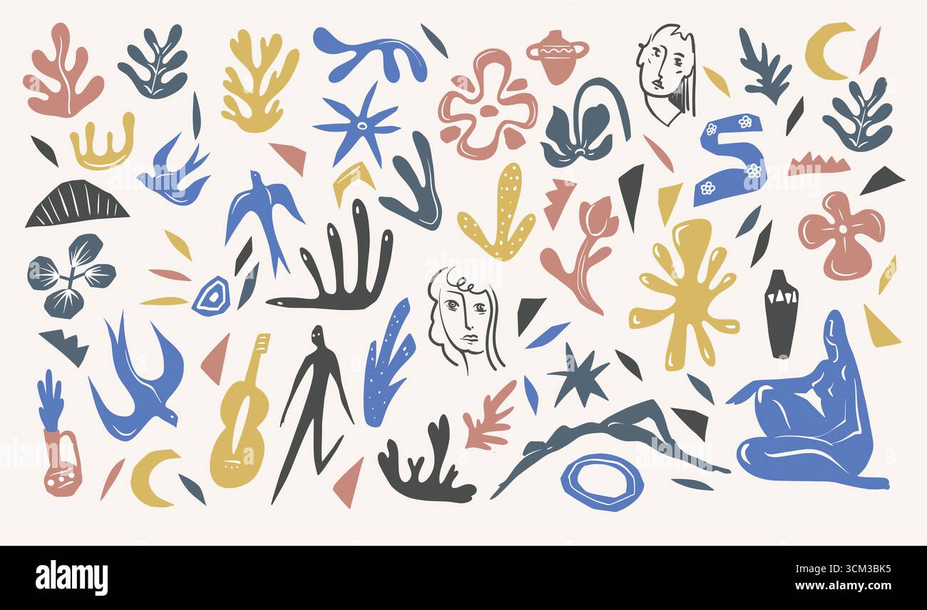 Colorful abstract elements with figures, birds and plants. Vector Stock Vector
