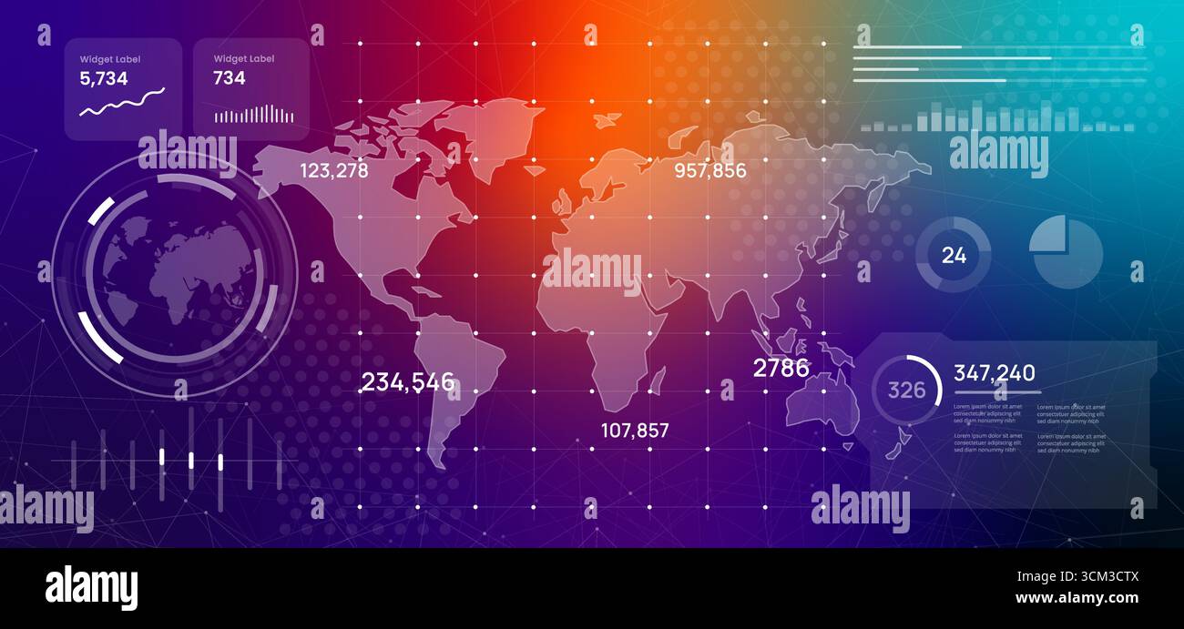 Futuristic digital dashboard displaying a world map surrounded by data analytics and infographics high-tech interface with glowing lines and numbers Stock Vector