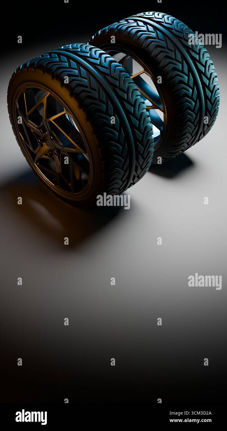Rendered image of two car tires with metallic rims placed side by side ...