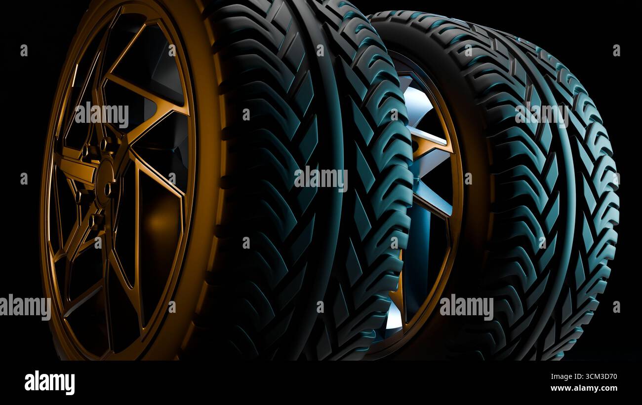 3D rendering of three car wheels with alloy rims standing side by side ...
