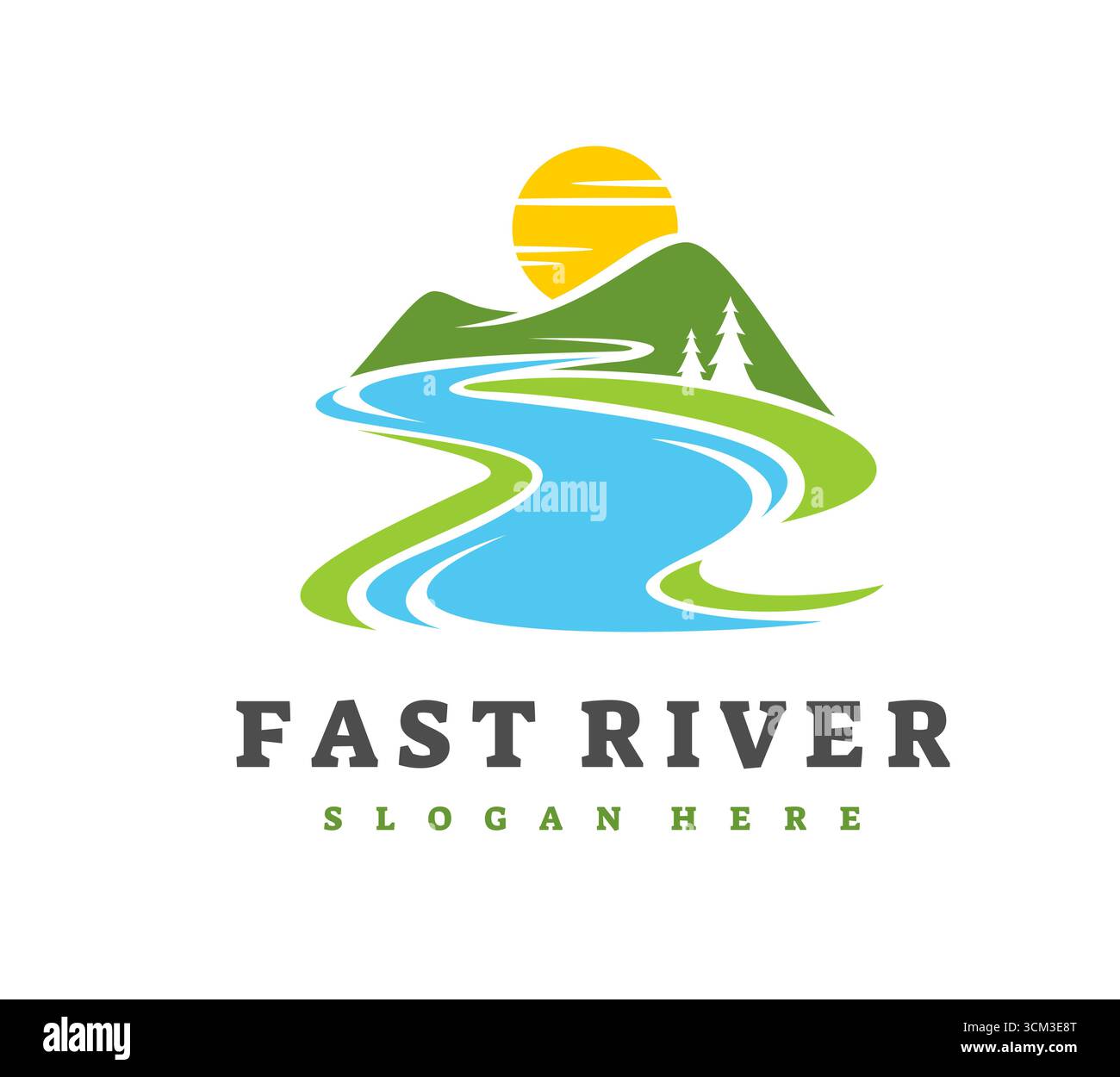 River icon of mountain valley landscape with sun and forest trees ...
