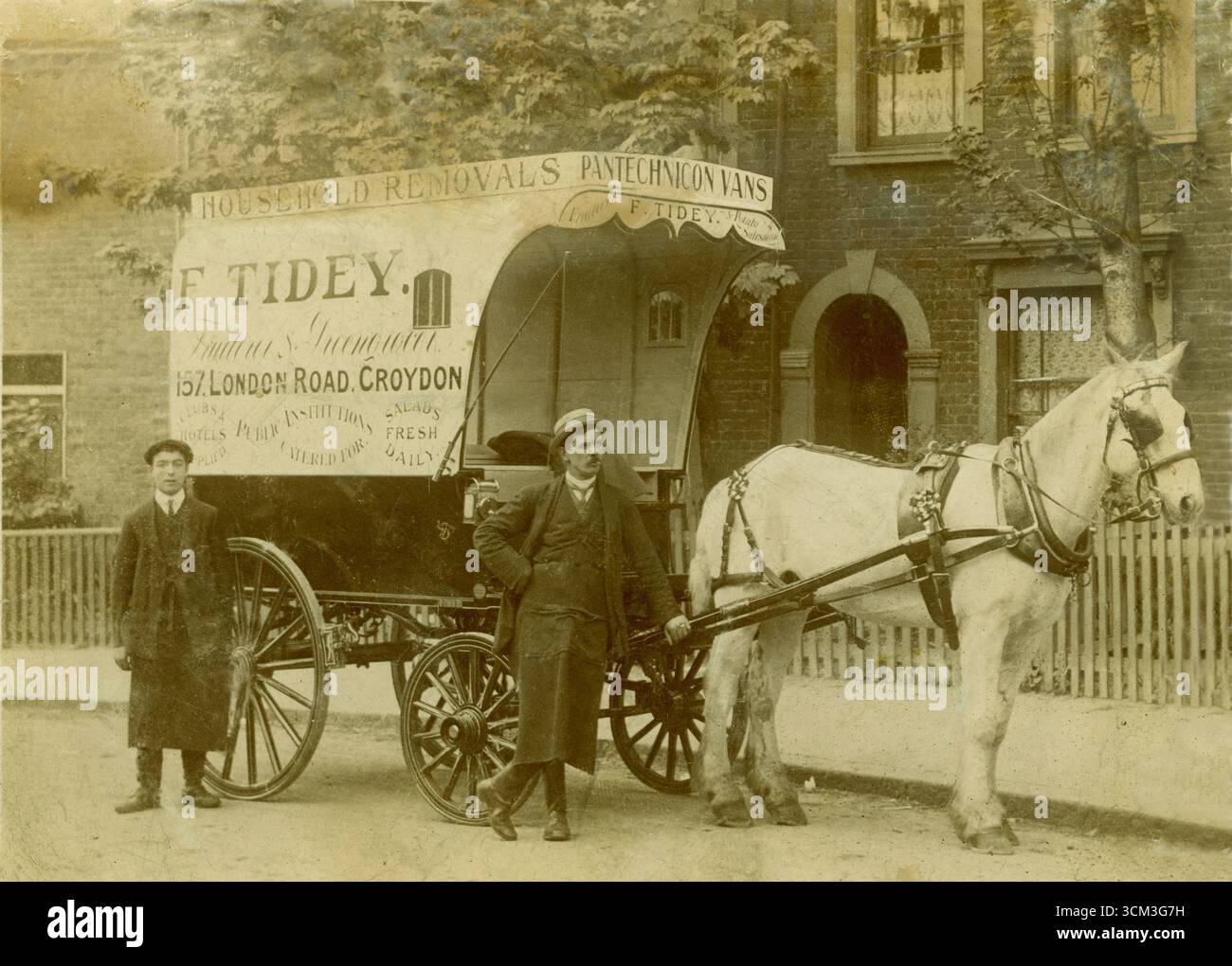 Original early 1900's postcard, Titanic era, Horse-drawn cart of  F Tidey Fruiterers & Greengrocer, potato saleman, & Household Removals Pantechnicon vans (a removals co.), poss advert. The shop premises were at 157 London Road, Croydon, London, U.K.  circa 1912 Stock Photo