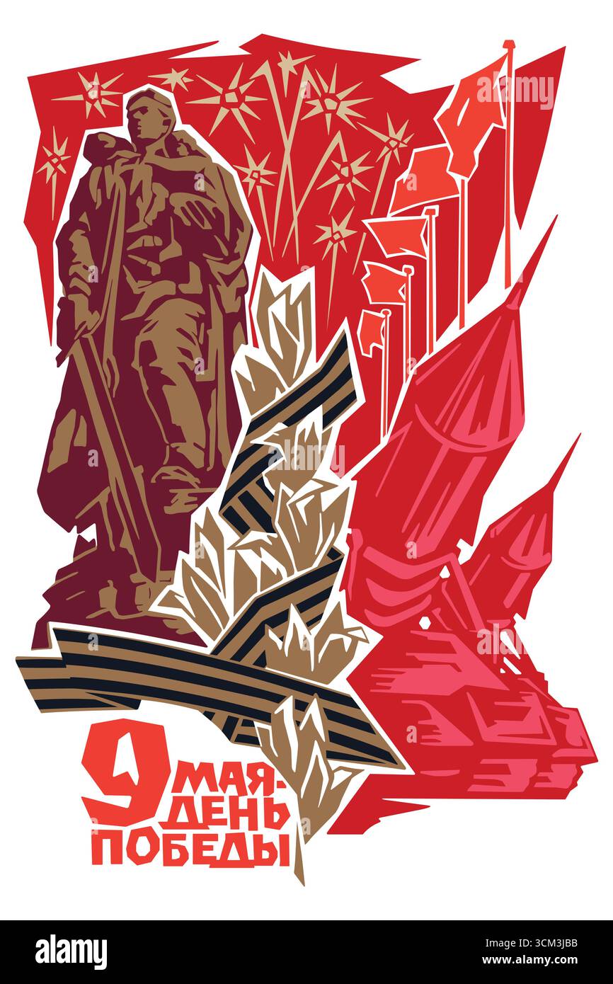 A vibrant Soviet Victory Day poster featuring a heroic soldier statue holding a rifle, surrounded by red flags, fireworks, and St. George ribbons. Stock Vector