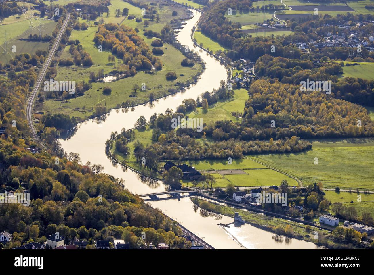Rhien Ruhr Aerial view, river Ruhr at the floating bridge Dahlhausen with lock ...