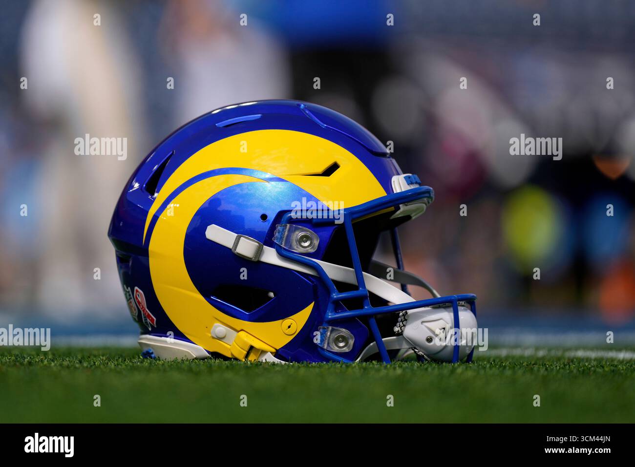 A Los Angeles Rams helmet sits on the field prior to an NFL football ...